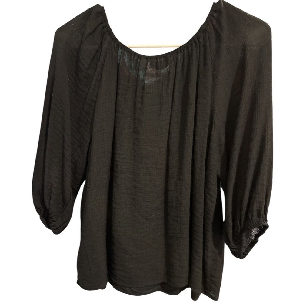 Tahari Black Blouse Small Balloon Sleeve Lightweight Semi Sheer Top Small/Petite